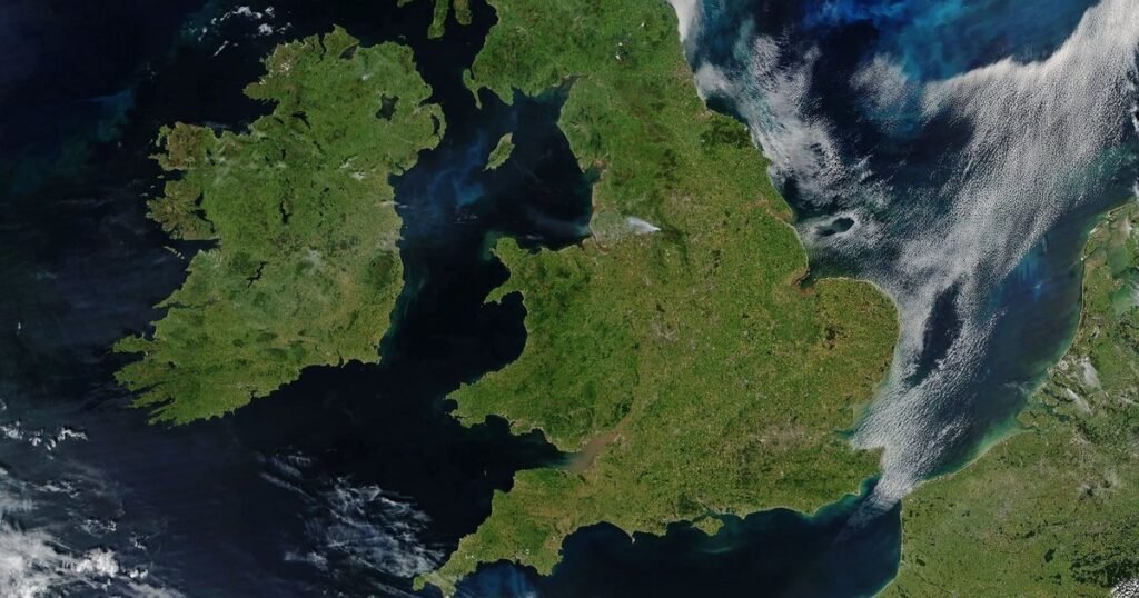 Satellite photo of England, Wales and Ireland on a clear day, from NASA
